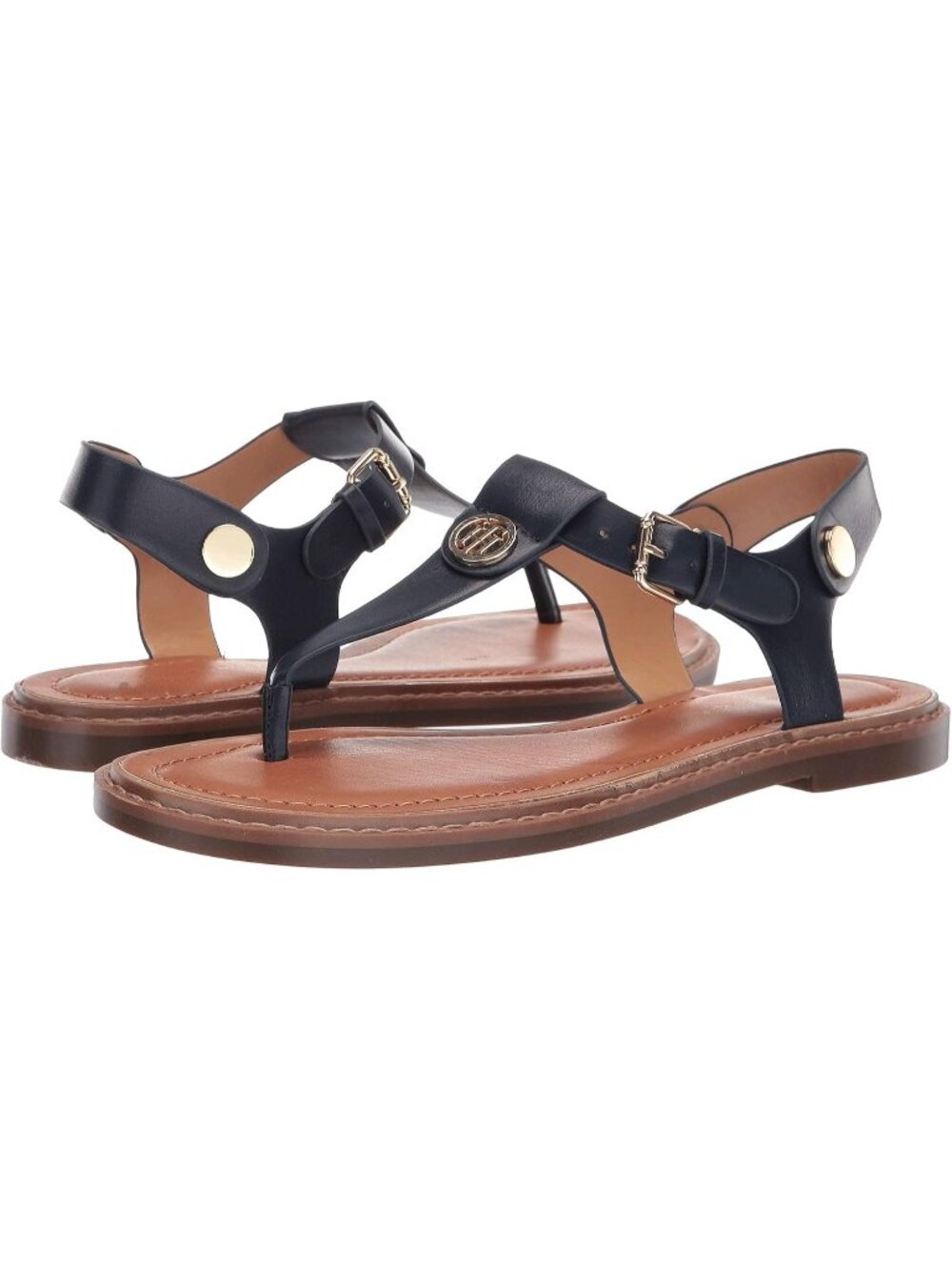 Women's Dark Blue Almond Toe T-Strap Foam Footbed Walking Casual Sandal Shoes